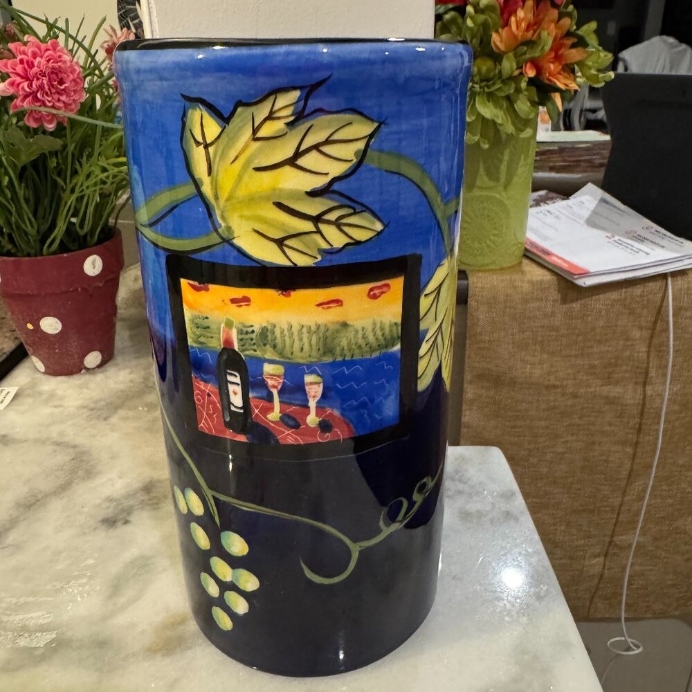 Naylor Designs hand painted Flowers Vase 9.5" Blue Vine Wine 2004